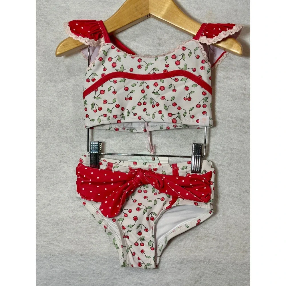 SweetHoney Girls Cherry Print Two Piece Swimsuit Ruffle Bow Red White 3T NWT
